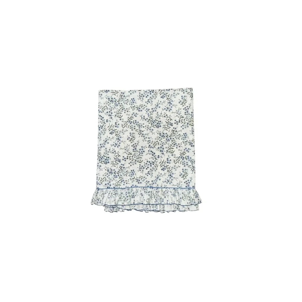 Cannon Vintage Floral Ruffled Flat Sheet Queen Size White Blue Green No Iron